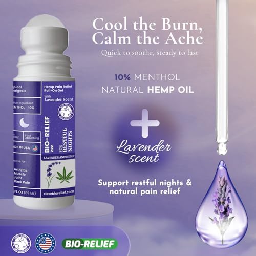 BioRelief Night Time Hemp Pain Relief Roll-On Gel w/ Lavender Scent – Fast-Acting Menthol 10% for Muscle & Joints – No-Mess, Fast-Absorbing Topical Pain Relief for Adults & Seniors, Made in USA