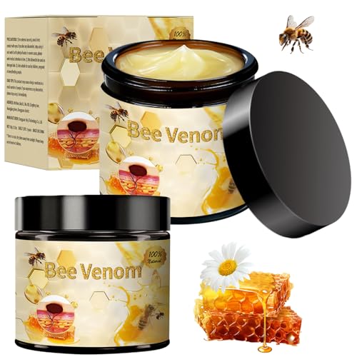Bee Venom product with packaging, bees, honeycomb, and flowers on a white background