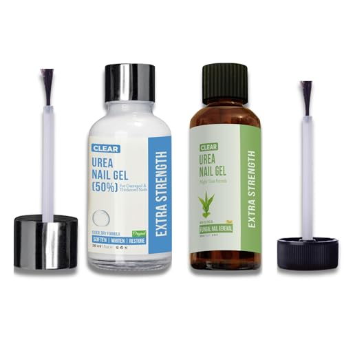 Two bottles of urea nail gel with applicators on a white background