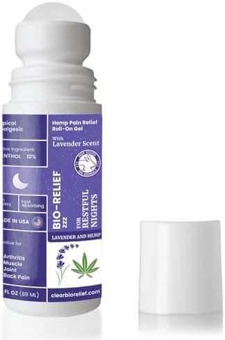 Roll-on bottle of Bio-Relief Hemp Pain Relief Gel with lavender scent on a white background