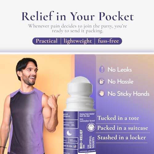 BioRelief Night Time Hemp Pain Relief Roll-On Gel w/ Lavender Scent – Fast-Acting Menthol 10% for Muscle & Joints – No-Mess, Fast-Absorbing Topical Pain Relief for Adults & Seniors, Made in USA
